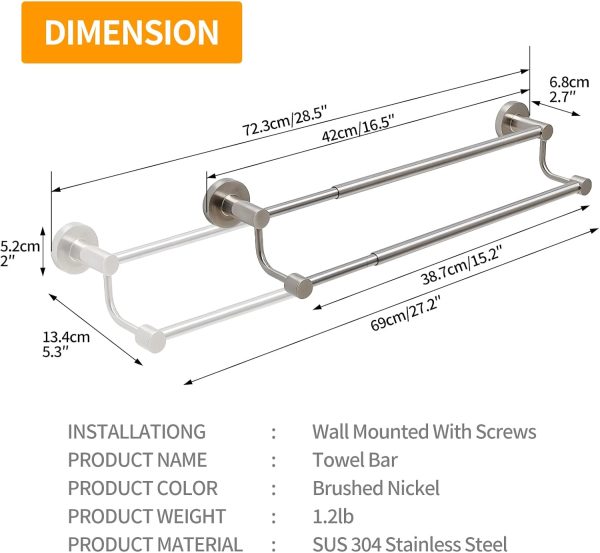 BESy Adjustable 16.5-28.5 Inches Double Bath Towel Bar for Bathroom SUS304 Stainless Steel Towel Holder, Hotel Style Wall Mount with Screws Hand Towel Bar, Towel Rack Rod Hanger, Brushed Nickel Finish - Image 6