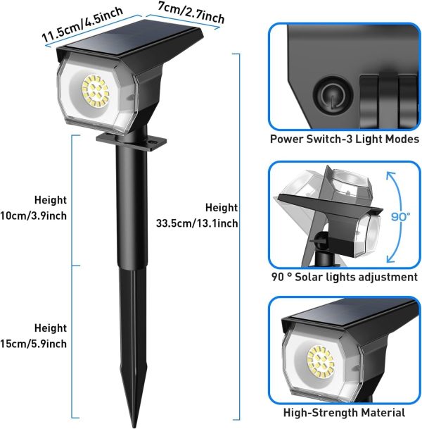 EIUIO Solar Outdoor Lights, 3 Lighting Modes Solar Spot Lights Outdoor with Auto On/Off, IP65 Waterproof Landscape Lighting for Garden Yard Pathway, 2 Pack(Cool White) - Image 2