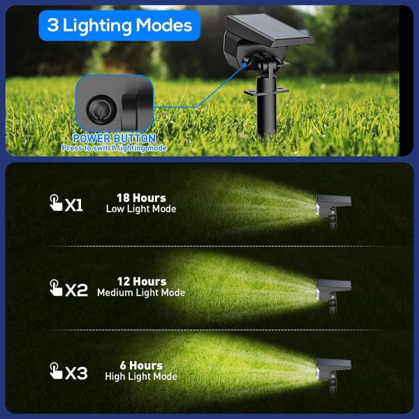 EIUIO Solar Outdoor Lights, 3 Lighting Modes Solar Spot Lights Outdoor with Auto On/Off, IP65 Waterproof Landscape Lighting for Garden Yard Pathway, 2 Pack(Cool White) - Image 4