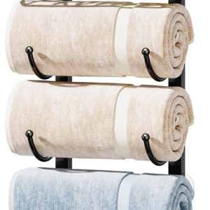 HapiRm Bathroom Towel Rack Holder - 6-Tier Over The Door & Wall Mount Rolled Towel Storage Organizer with Metal Shelf Basket for Small Bathroom, Camper, Rv - Black