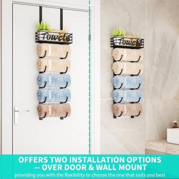 HapiRm Bathroom Towel Rack Holder - 6-Tier Over The Door & Wall Mount Rolled Towel Storage Organizer with Metal Shelf Basket for Small Bathroom, Camper, Rv - Black - Image 2