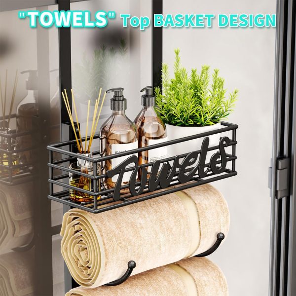 HapiRm Bathroom Towel Rack Holder - 6-Tier Over The Door & Wall Mount Rolled Towel Storage Organizer with Metal Shelf Basket for Small Bathroom, Camper, Rv - Black - Image 3