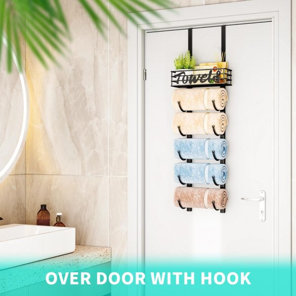 HapiRm Bathroom Towel Rack Holder - 6-Tier Over The Door & Wall Mount Rolled Towel Storage Organizer with Metal Shelf Basket for Small Bathroom, Camper, Rv - Black - Image 4