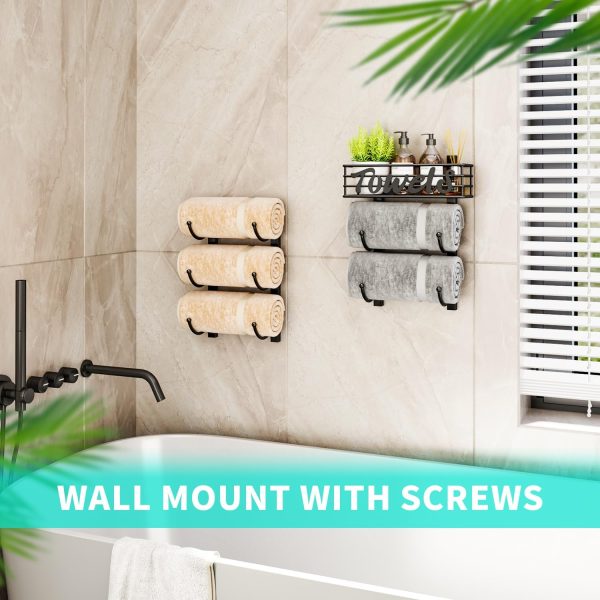 HapiRm Bathroom Towel Rack Holder - 6-Tier Over The Door & Wall Mount Rolled Towel Storage Organizer with Metal Shelf Basket for Small Bathroom, Camper, Rv - Black - Image 5
