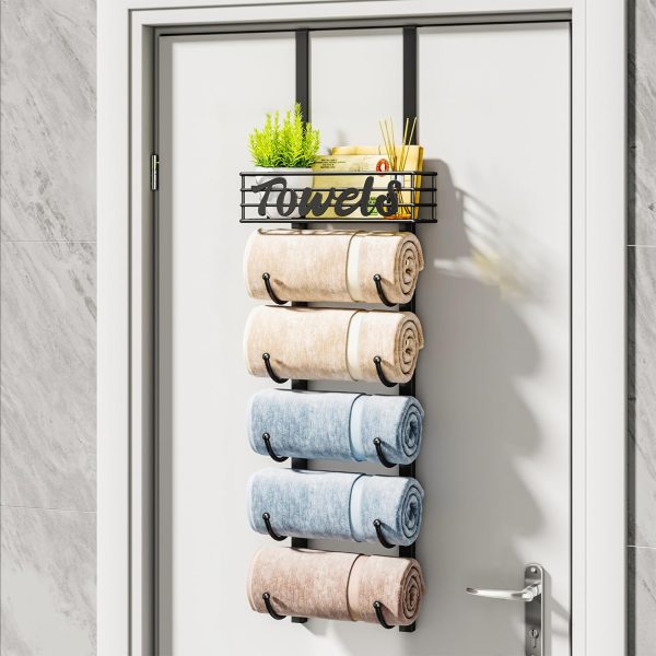 HapiRm Bathroom Towel Rack Holder - 6-Tier Over The Door & Wall Mount Rolled Towel Storage Organizer with Metal Shelf Basket for Small Bathroom, Camper, Rv - Black - Image 8
