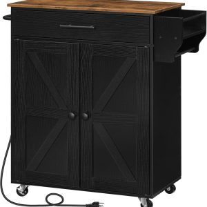 HOOBRO Kitchen Island with Power Outlet, Kitchen Storage Island with Large Worktop, Spice Rack and Drawer, Rolling Kitchen Cart on Wheels, for Kitchen and Dining Room, Rustic Brown and Black
