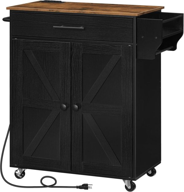 HOOBRO Kitchen Island with Power Outlet, Kitchen Storage Island with Large Worktop, Spice Rack and Drawer, Rolling Kitchen Cart on Wheels, for Kitchen and Dining Room, Rustic Brown and Black