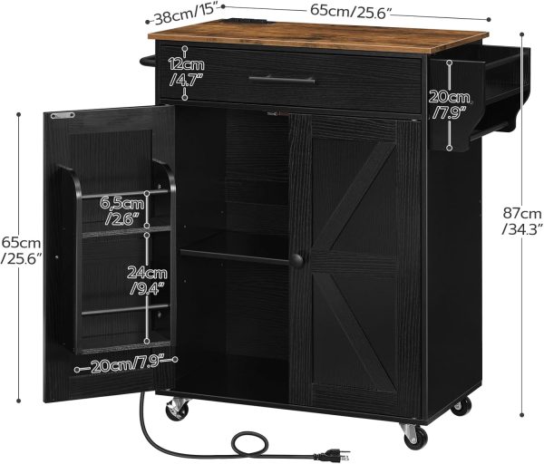 HOOBRO Kitchen Island with Power Outlet, Kitchen Storage Island with Large Worktop, Spice Rack and Drawer, Rolling Kitchen Cart on Wheels, for Kitchen and Dining Room, Rustic Brown and Black - Image 3