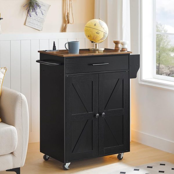 HOOBRO Kitchen Island with Power Outlet, Kitchen Storage Island with Large Worktop, Spice Rack and Drawer, Rolling Kitchen Cart on Wheels, for Kitchen and Dining Room, Rustic Brown and Black - Image 5