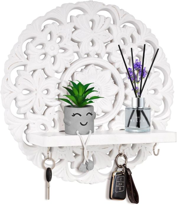 Multipurpose Floating Wall Mounted Shelf with Key Hooks – Rustic Wooden Wall Décor and Storage Solution – 12” Decorative Wall Art for Entryway, Living Room, or Bedroom – Vintage Wall Key Organizer