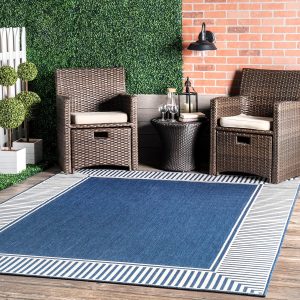 nuLOOM 8' x 10' Outdoor Area Rug, Casual Design With Striped Border, Stain Resistant, Highly Durable, For Patio, Balcony, Bedroom, Living Room, Dining Room, Bathroom, Navy