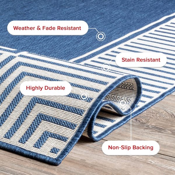 nuLOOM 8' x 10' Outdoor Area Rug, Casual Design With Striped Border, Stain Resistant, Highly Durable, For Patio, Balcony, Bedroom, Living Room, Dining Room, Bathroom, Navy - Image 4