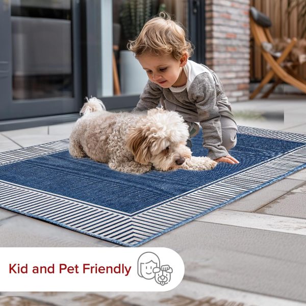 nuLOOM 8' x 10' Outdoor Area Rug, Casual Design With Striped Border, Stain Resistant, Highly Durable, For Patio, Balcony, Bedroom, Living Room, Dining Room, Bathroom, Navy - Image 6