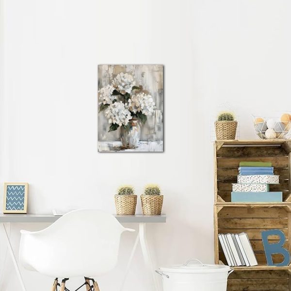 White Hydrangea Bathroom Wall Art Canvas Print 12x15 Inches Retro Farmhouse Style Floral Artwork for Bedroom Living Room Office Decor - Image 2