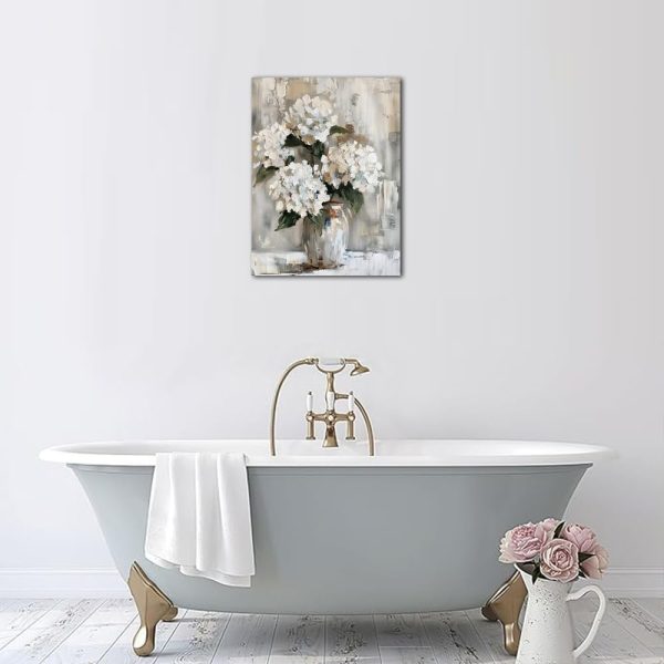 White Hydrangea Bathroom Wall Art Canvas Print 12x15 Inches Retro Farmhouse Style Floral Artwork for Bedroom Living Room Office Decor - Image 6